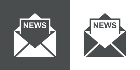 Icono con texto NEWS en silueta de hoja de papel en sobre abierto en fondo gris y fondo blanco