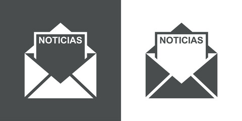 Icono con texto Noticias en español en silueta de hoja de papel en sobre abierto en fondo gris y fondo blanco