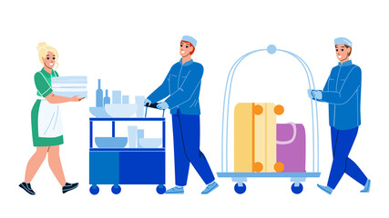 Hotel Room Service Servicing Client Set Vector. Woman Housemaid Carrying Linen, Man Carry Food And Luggage on Cart To Apartment. Characters Motel Workers Flat Cartoon Illustrations