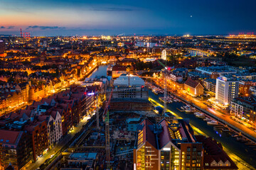 Aerial scenery of the old town in Gdansk at dusk. Poland