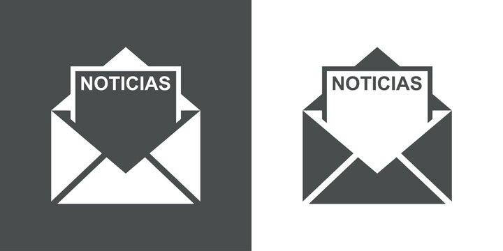 Icono con texto Noticias en espa&ntilde;ol en silueta de hoja de papel en sobre abierto en fondo gris y fondo blanco