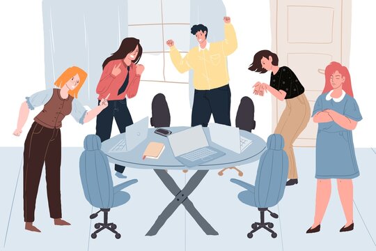 Vector cartoon flat colleagues characters in aggressive mood quarreling at meeting,different persons and poses.Communication,anger management and social behavior concept,web site banner ad design