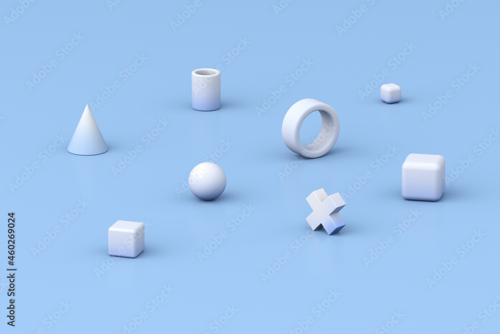 Poster 3d rendering of geometric composition on blue background.