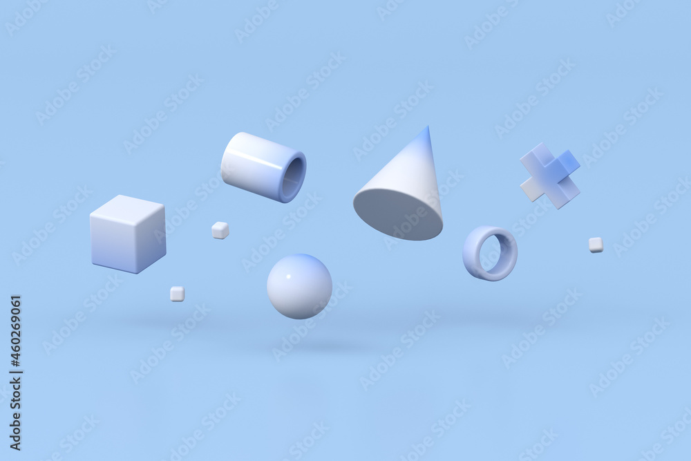 Poster 3d rendering of geometric composition on blue background.