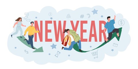 Fototapeta premium Different people character preparing to meet Christmas eve and 2022 new year. Flat vector poster design with rushing man woman and social media, sale icon