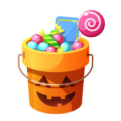 Fototapeta na wymiar Bucket for Halloween with candies and sweets. Pumpkin trick or treat bag. Vector cartoon isolated on white background