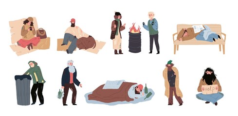 Set of vector cartoon flat homeless sad characters of different age and sex in worn clothes live and sleep on streets-global problem of society,social support and care concept,web site banner design