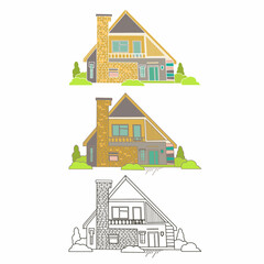 Hand drawn cottage houses in cute cartoon style. Colorful modern townhouse building sketch. Old houses, City buildings, Doodle decorative elements collection. Creative vector illustration.

