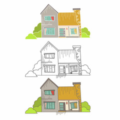 Hand drawn cottage houses in cute cartoon style. Colorful modern townhouse building sketch. Old houses, City buildings, Doodle decorative elements collection. Creative vector illustration.

