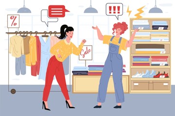 Vector cartoon flat seller and angry customer characters quarreling in clothing store.Anger management,purchase return,work with client objections,service quality concept,web site banner ad design - obrazy, fototapety, plakaty