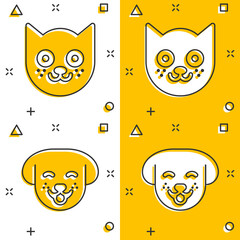 Dog and cat icon in comic style. Animal head cartoon vector illustration on white isolated background. Cartoon funny pet splash effect business concept.