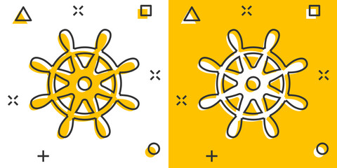 Helm wheel icon in comic style. Navigate steer cartoon vector illustration on white isolated background. Ship drive splash effect business concept.