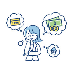 お金に悩む女性のイラスト（ドル）