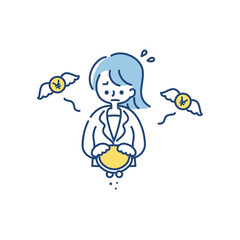 お金が貯まらなくて悲しむ女性のイラスト（日本円）