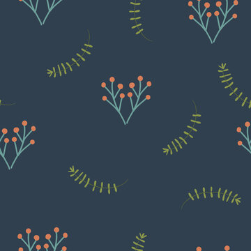 Seamless pattern with plant elements on a dark blue background