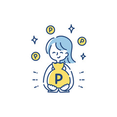 ポイントがたくさん入った袋を持つ女性のイラスト