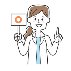 丸が書かれた札を持っている医師
