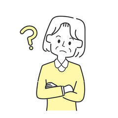 腕組みして考えているおばあさん