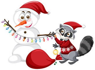 Cute Raccoon and Snowman wearing Christmas hat cartoon character
