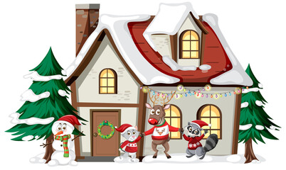 Christmas house with animals cartoon characters