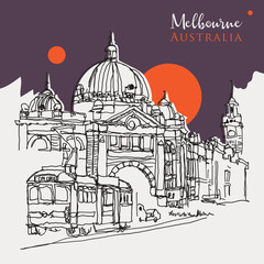 Fototapeta premium Drawing sketch illustration of Flinder Street Central Station in Melbourne, Australia
