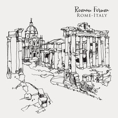 Drawing sketch illustration of the Roman Forum in Rome, Italy