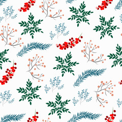 Seamless pattern with berries and branches of the Christmas tree .