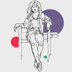Vector free hand drawing illustration of a woman sitting on a bench
