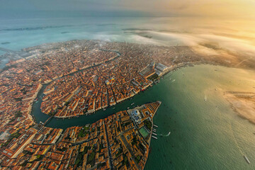 Venezia, Italy view from above. Sunrise time. Foggy morning. Travel destination.
