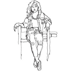 Vector free hand drawing illustration of a woman sitting on a bench