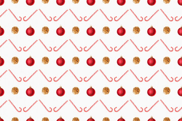 Seamless New Year's and Christmas pattern with toys - golden cones, red balls, caramel on white background