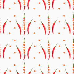 Seamless spice pattern with red chili pepper pods vertically, slices of cut red pepper on white background. Aspect ratio 1:1