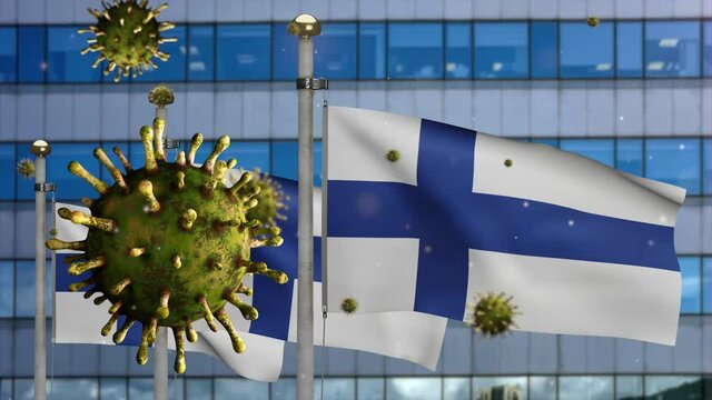 3D, Flu coronavirus floating over Finlandian flag with modern skyscraper city. Finland banner waving with pandemic of Covid19 virus infection concept. Real fabric texture ensign