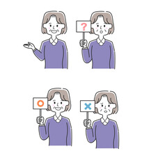 丸、バツ、はてなが書かれた札を持っているおばあさん