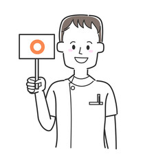 丸の書かれた札を持っている看護師