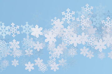3D falling white Christmas snowflakes on winter blue background. New Year snowy wallpaper. Snowfall ornament. Merry Christmas and Happy New Year greeting card design