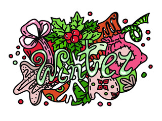 Banner in Christmas style. Hand lettering in doodle style. Winter. Christmas. Holiday objects and symbols. New Year. Gift, gingerbread, plants and balls for the Christmas tree.
