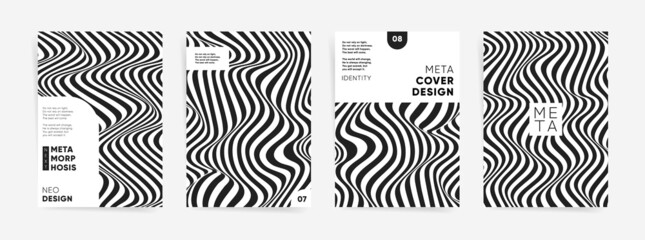 Fototapeta na wymiar Business presentation covers templates set with black and white abstract wavy lines. A4 vertical. Creative dynamic layouts for poster, catalog, brochure, placard, booklet, report, cover design. Vector