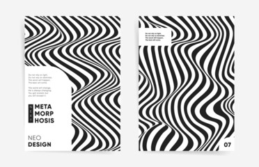 Business presentation covers templates set with black and white abstract waves. A4 vertical. Creative dynamic layouts for poster, catalog, brochure, placard, booklet, report, cover design. Vector 