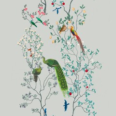 Chinoiserie Vintage floral illustration for wallpaper, fabric, poster, print. Mural. Bloom. Seamless background with exotic birds and flowers © Irina Shi