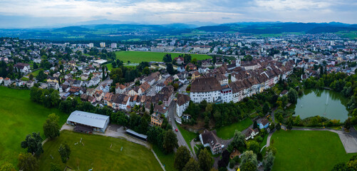Aerial view of the old town of the city Wil in Switzerland on an overcast day in summer.	