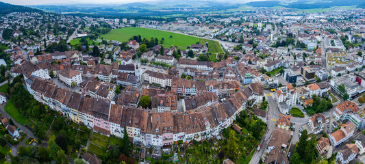 Aerial view of the old town of the city Wil in Switzerland on an overcast day in summer.	