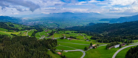 Fototapeta na wymiar Aerial view around the city altstätten in Switzerland on a cloudy day in summer. 