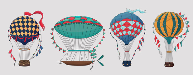 Set of Vintage hot air balloon. Different balloon aerostat collection. Color air balloons isolated. Large bag filled with hot gas and basket. Flying transport. Hand drawn vintage style flight airship. © Belchatina