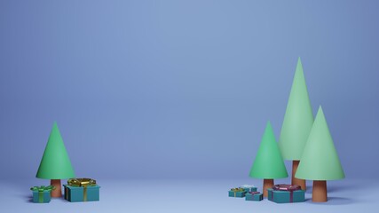 3d render of greeting with christmas trees and gift against light blue background