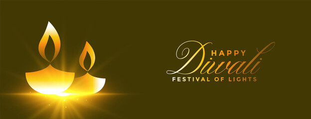 shiny happy diwali golden glowing diya banner design