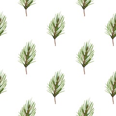 Watercolor Christmas seamless pattern, festive background, digital paper. Spruce twigs, coniferous tree, pine.