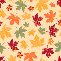 seamless pattern with the image of autumn maple leaves, made in a unique style using texture.