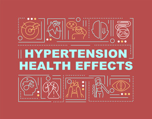 Hypertension health effects word concepts banner. Hypertensive crisis. Infographics with linear icons on red background. Isolated creative typography. Vector outline color illustration with text
