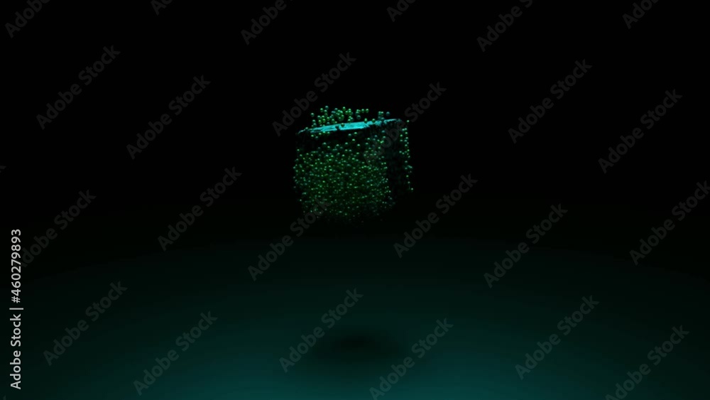 Aufkleber close up of green cube rotating surrounded by endless quantity of tiny spheres. design. 3d rotating 